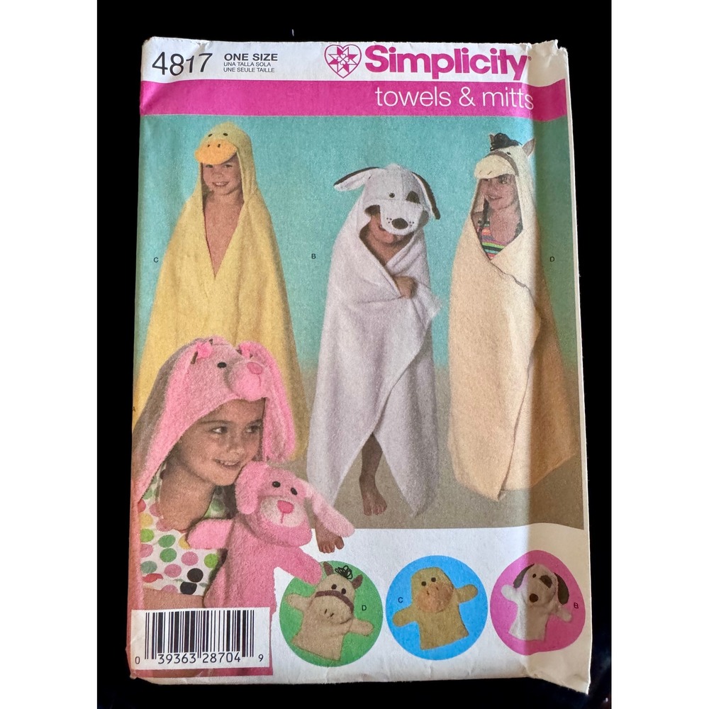 Simplicity 4817 Kids Animal Hooded Towels and Mitts Sewing Pattern One Size